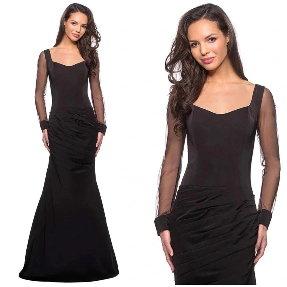 LA FEMME 25064 Black Jersey Ruched Sheer Sleeve Maxi Gown DRESS